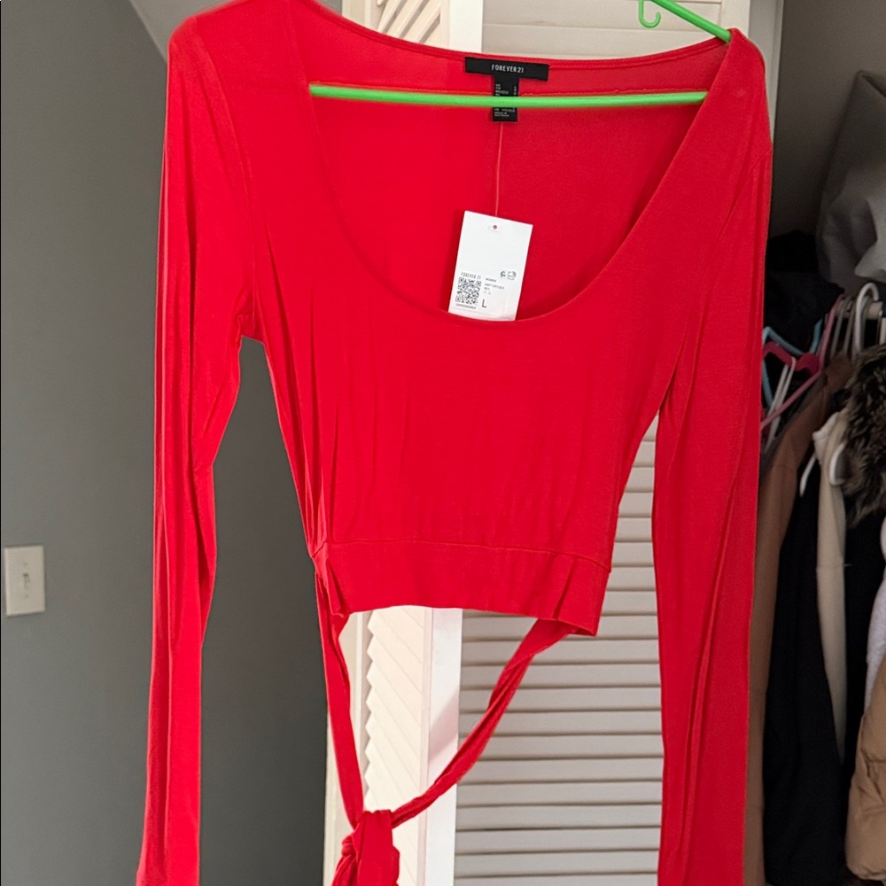 Forever 21 Bright Red Long-Sleeve Tie-Back Crop Top